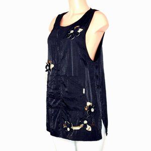 Cortile VTG Black Taffeta Tunic Top Split Button Sides Large* 3D Applique Flower